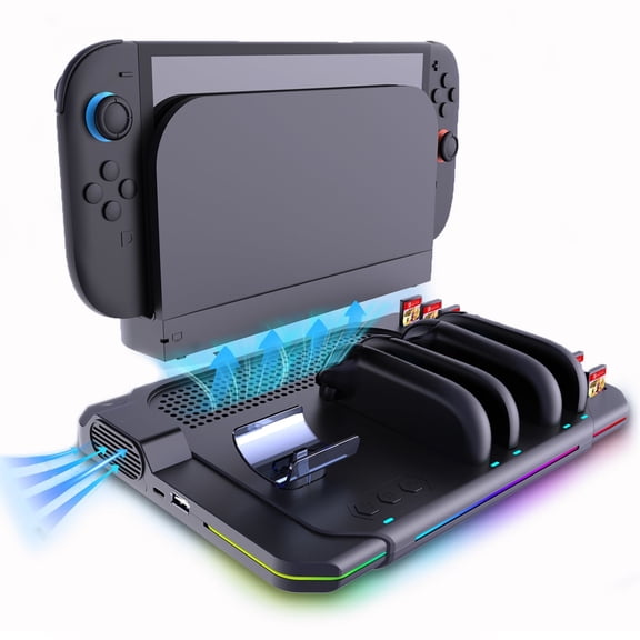 Controller Charging Station for Nintendo Switch 2 Joycons & Pro Controller, RGB Cooling Fan Charging Dock, Switch Accessories Organizer Station with 10 Games Cards Storage