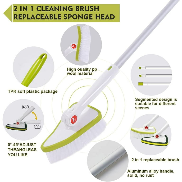 Tub and Tile Scrubber Brush,2 in 1 Shower Scrubber with 3 Replacement Brush  Heads &46.5'' Extendable Long Handle,Floor Cleaning Brush for Bathroom  Toilet Floor Wall Sink,Green+Gray A-Tub and Tile Scrubber Brush-Green+Gray