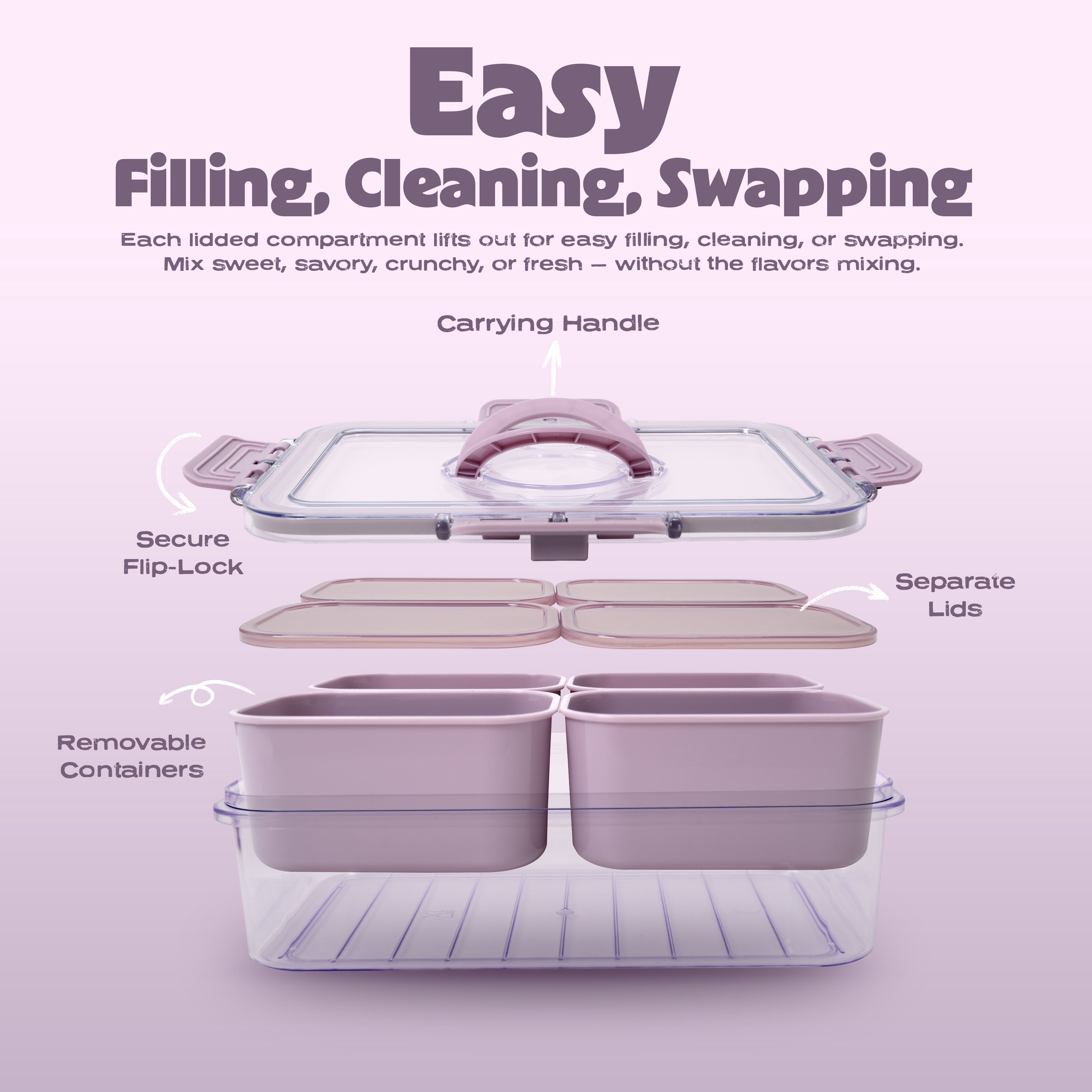 Cook with Color 4-Compartment Mini Snack Box Food Storage Carrier and Container, Charcuterie Container, Purple, Portable and Dishwasher Safe, Designed to Help with Packed Lunches and Daily Commutes