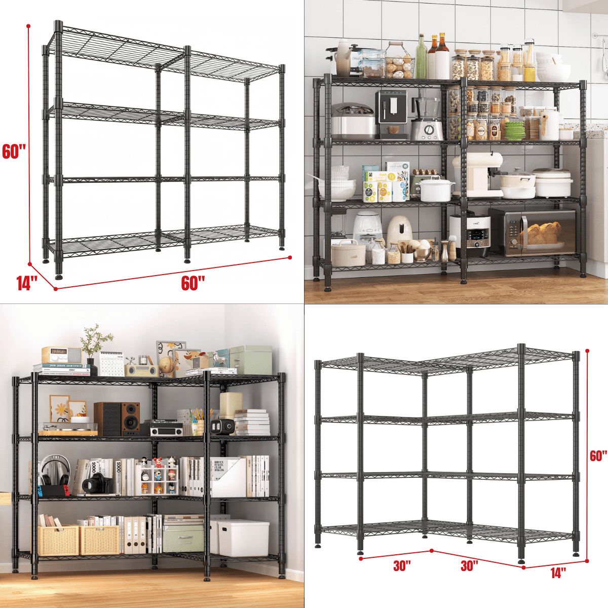Legooin 60x14x60 inch Garage Shelving Height Adjustable Corner Storage Rack Wire Shelves for Industrial Residential Storage, Black