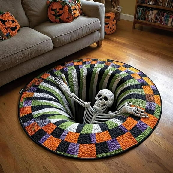 Halloween 3D Rug Optical Illusion Rug with Spooky Depth Design, Skeleton Ghost Pumpkin Patterns, Soft Non-Slip Halloween Floor Mat for Living Room Bedroom Party Home Decoration