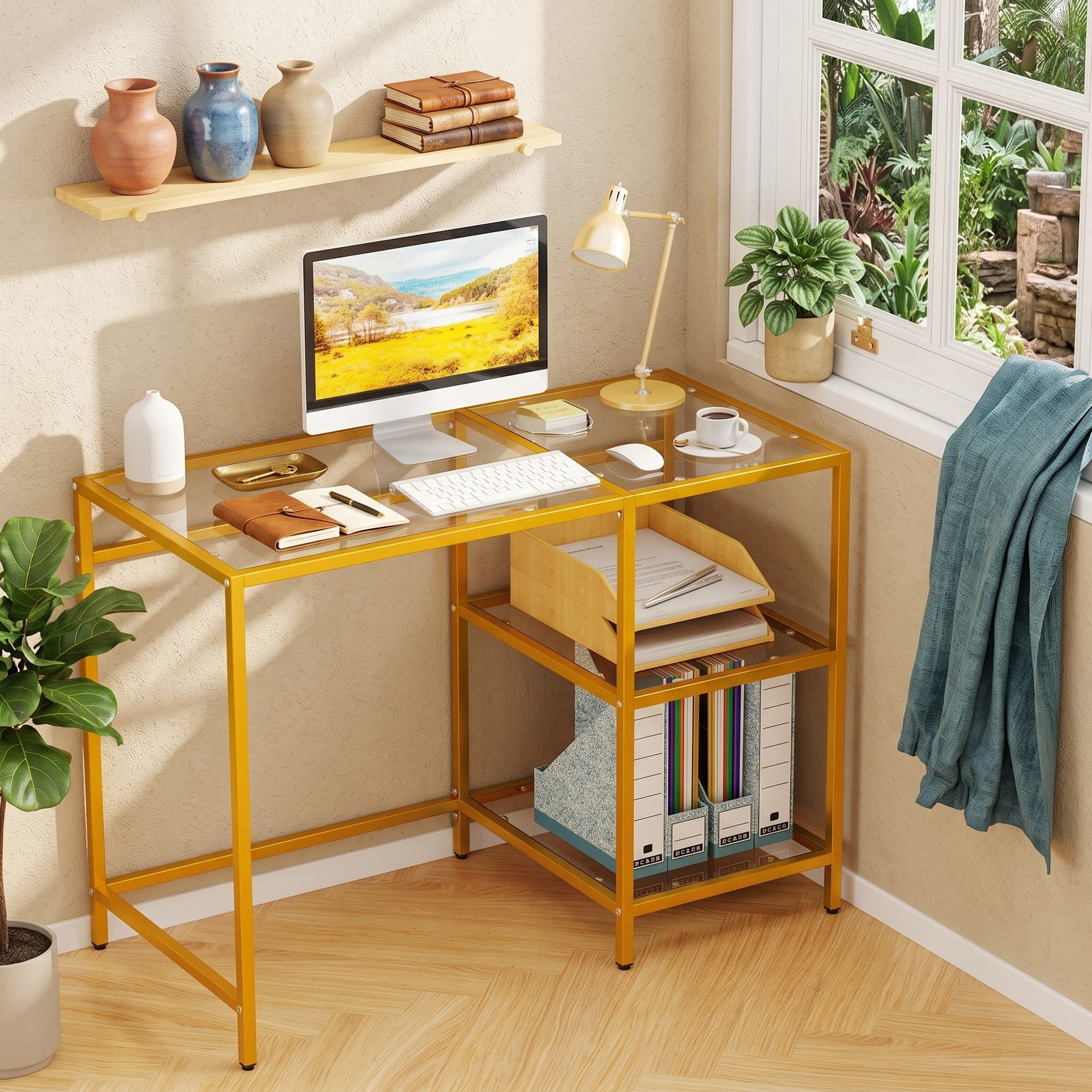 Furnibear Modern Console Table with Tempered Glass Top and 2 Open Shelves and Rust-Resistant Metal Frame for Entryway, Golden
