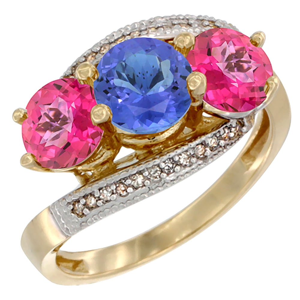 14K Yellow Gold Natural Tanzanite & Pink Topaz Sides 3 stone Ring Round 6mm Diamond Accent, size 5 by Gabriella Gold