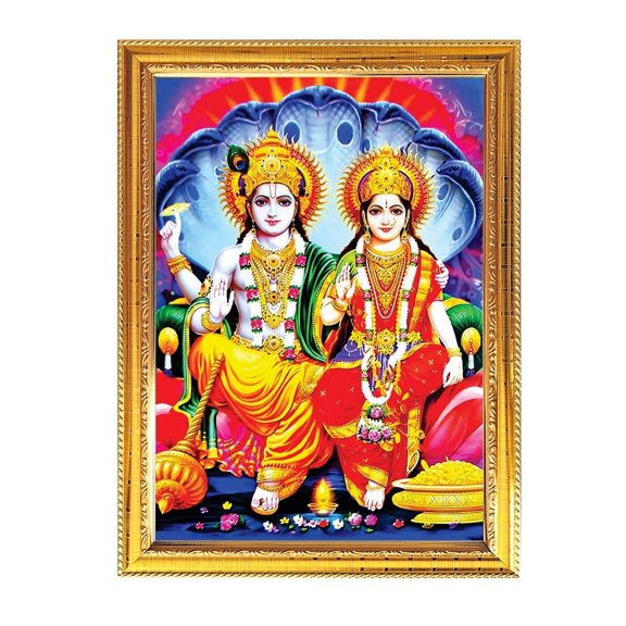 Lakshmi Narayan Religious Photo Puja Room Temple Wall Hanging Gift Home Decor With Golden Frame For Worship 8.6 X 11