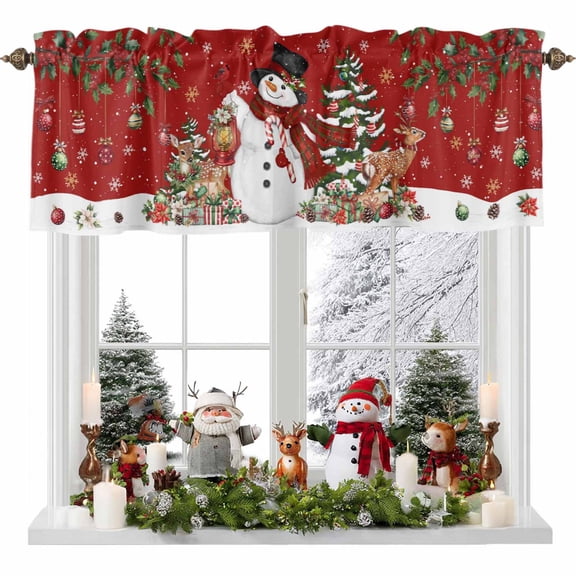 Red Christmas Snowman Valances for Windows, 54 x 18in, Xmas Snowflake Elk Tree Balls Rod Pocket Kitchen Valance Curtain Light Filtering Window Treatments for Living Room Bedroom, 1 Panel