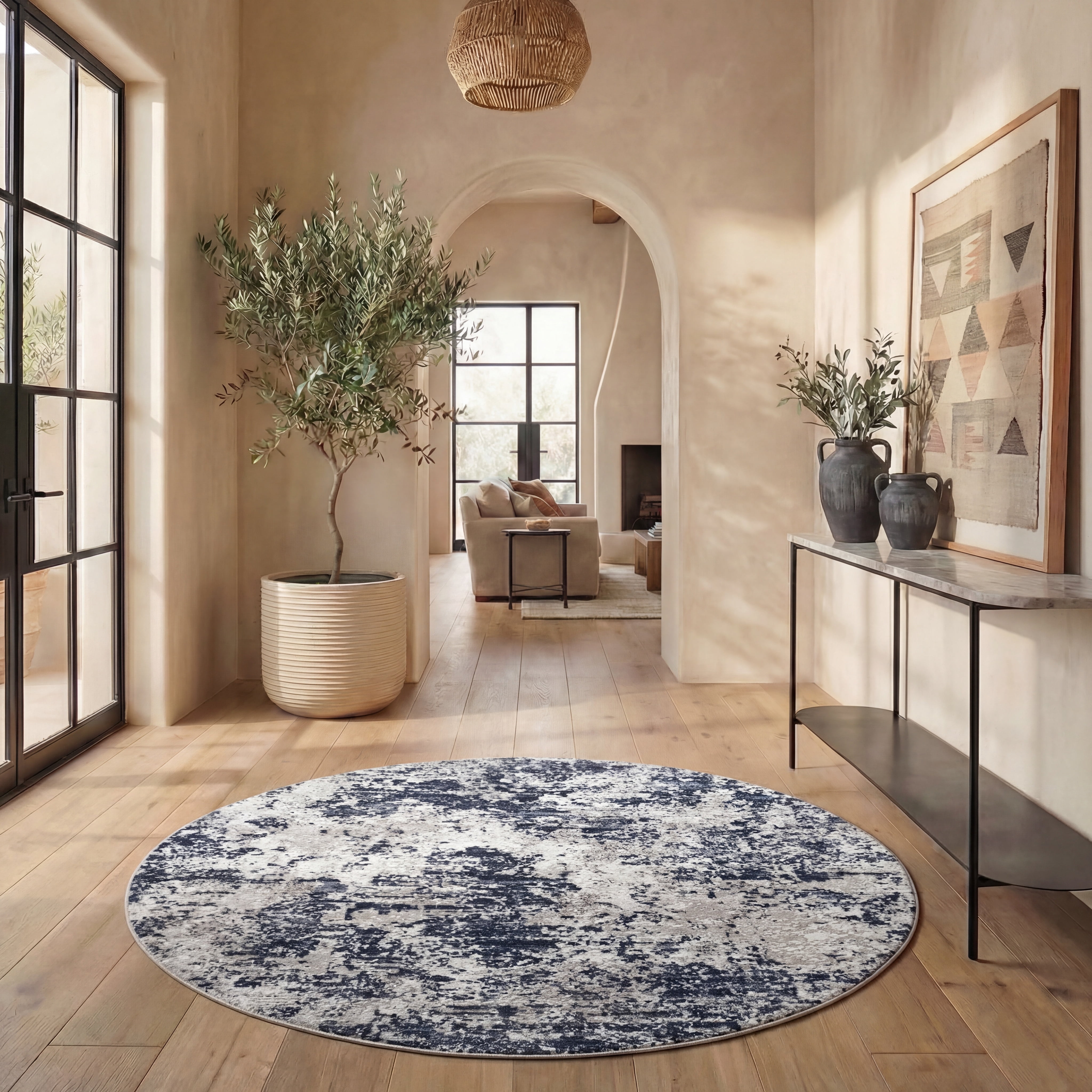 Safavieh Amelia Alastar Abstract Distressed Area Rug, Ivory/Navy, 5'3" x 5'3" Round