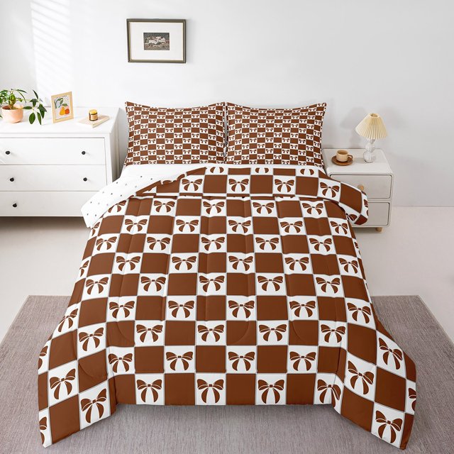 Erosebridal Dark Red Checkered Comforter Sets Full Size, Kawaii Bow Comforter Sets Full Size, Geometry Grid Room Decor, Reversible 3 Pieces