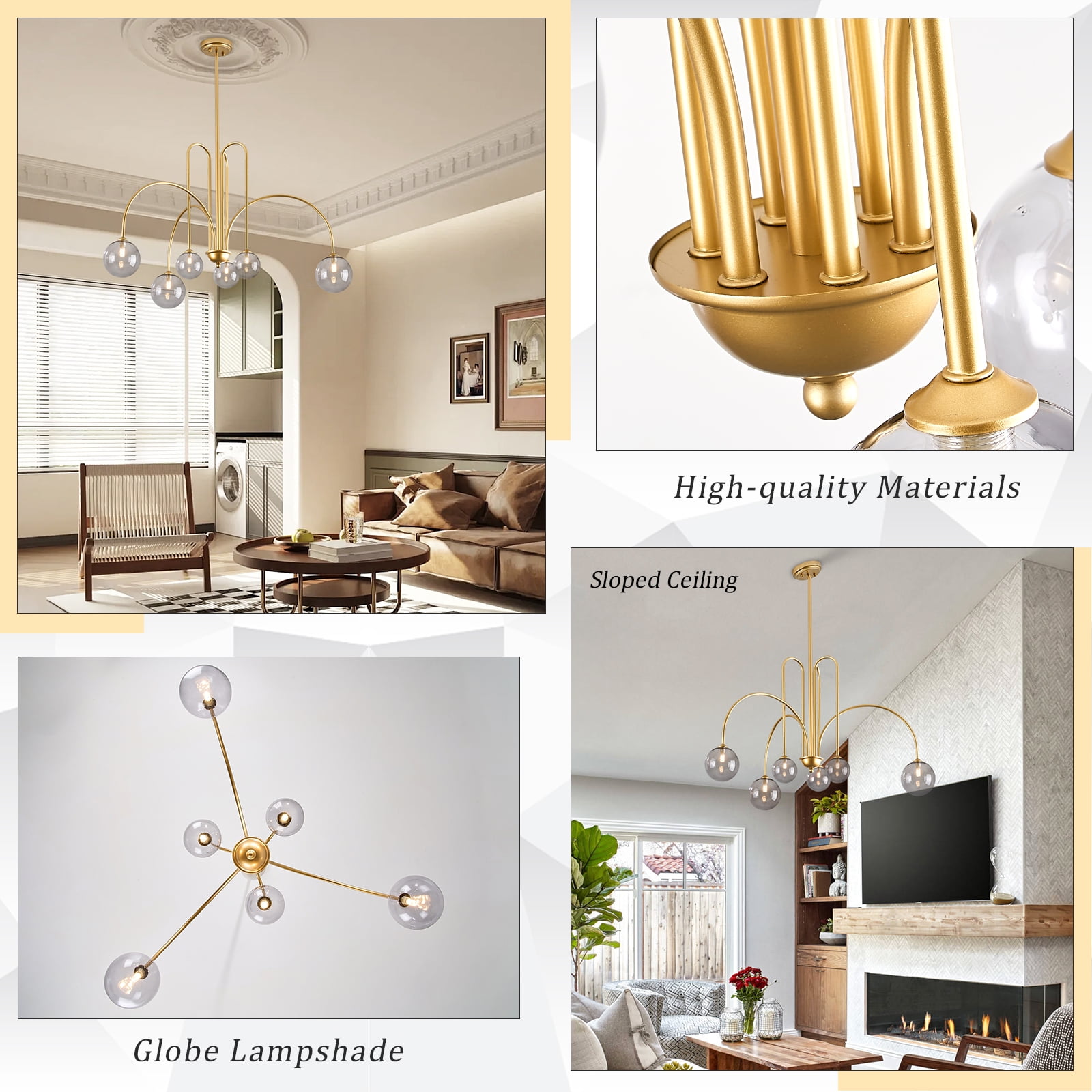 Modern Gold Chandelier, 6 Lights Sputnik Chandeliers Large L40”Mid Century Ceiling Pendant Light Fixtures with Smoke Glass Globe Shades for Living Dining Room Foyer Bedroom
