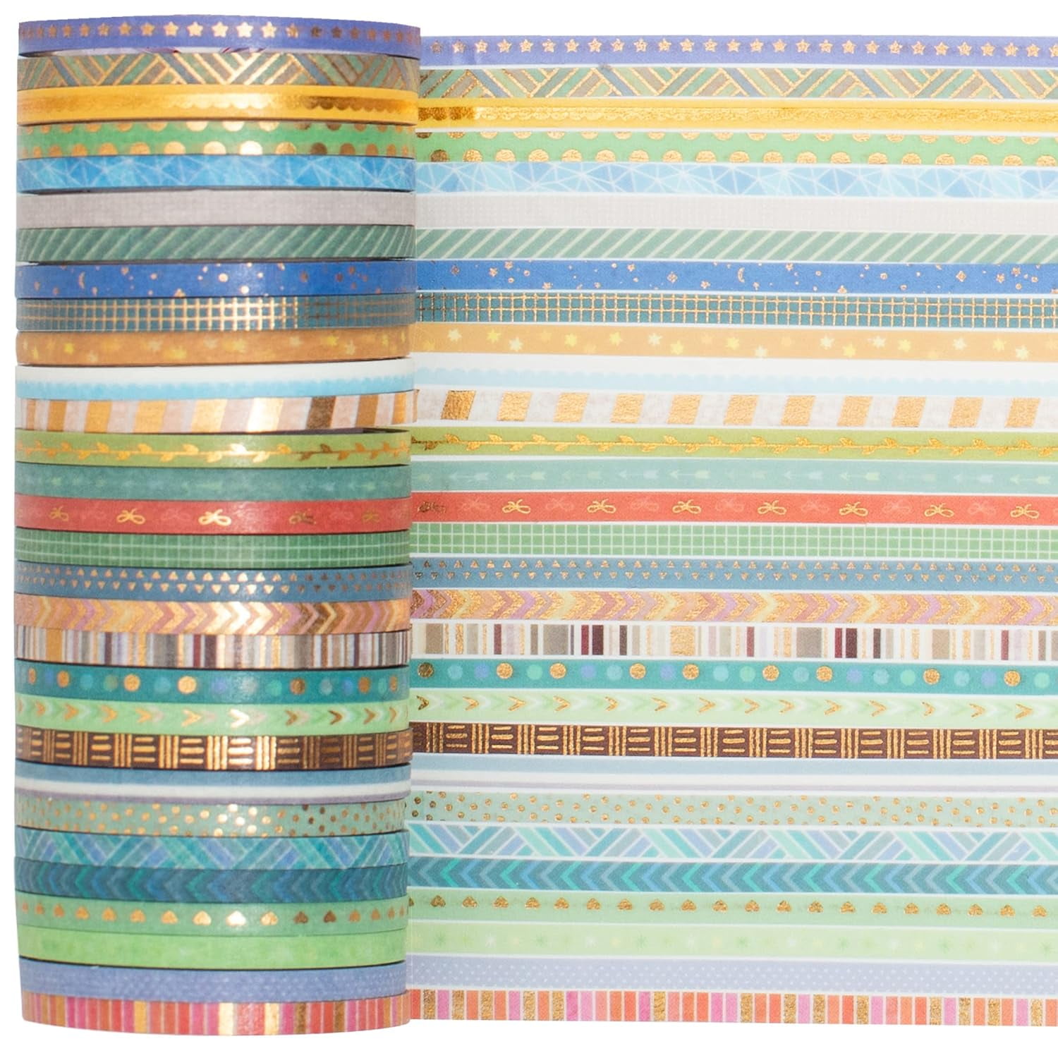 60 Rolls Skinny Washi Tape Set Gold Foil Masking Thin Basic Patterns Decorative Tapes for Arts, DIY Crafts, Journals, Planners, Scrapbook, Wrapping
