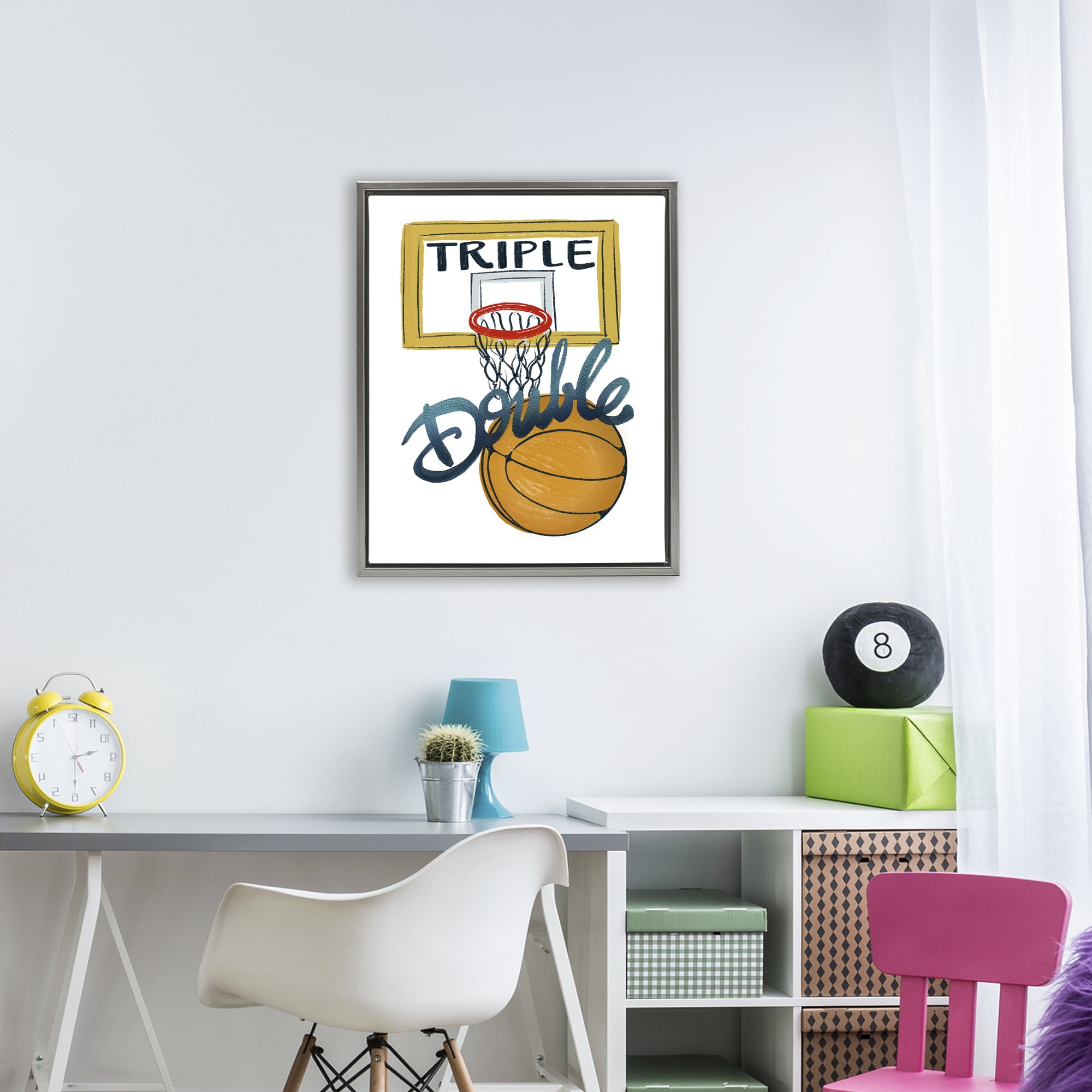 Triple Double Basketball Gray Framed Floater Canvas Wall Art, design by Connie Summers
