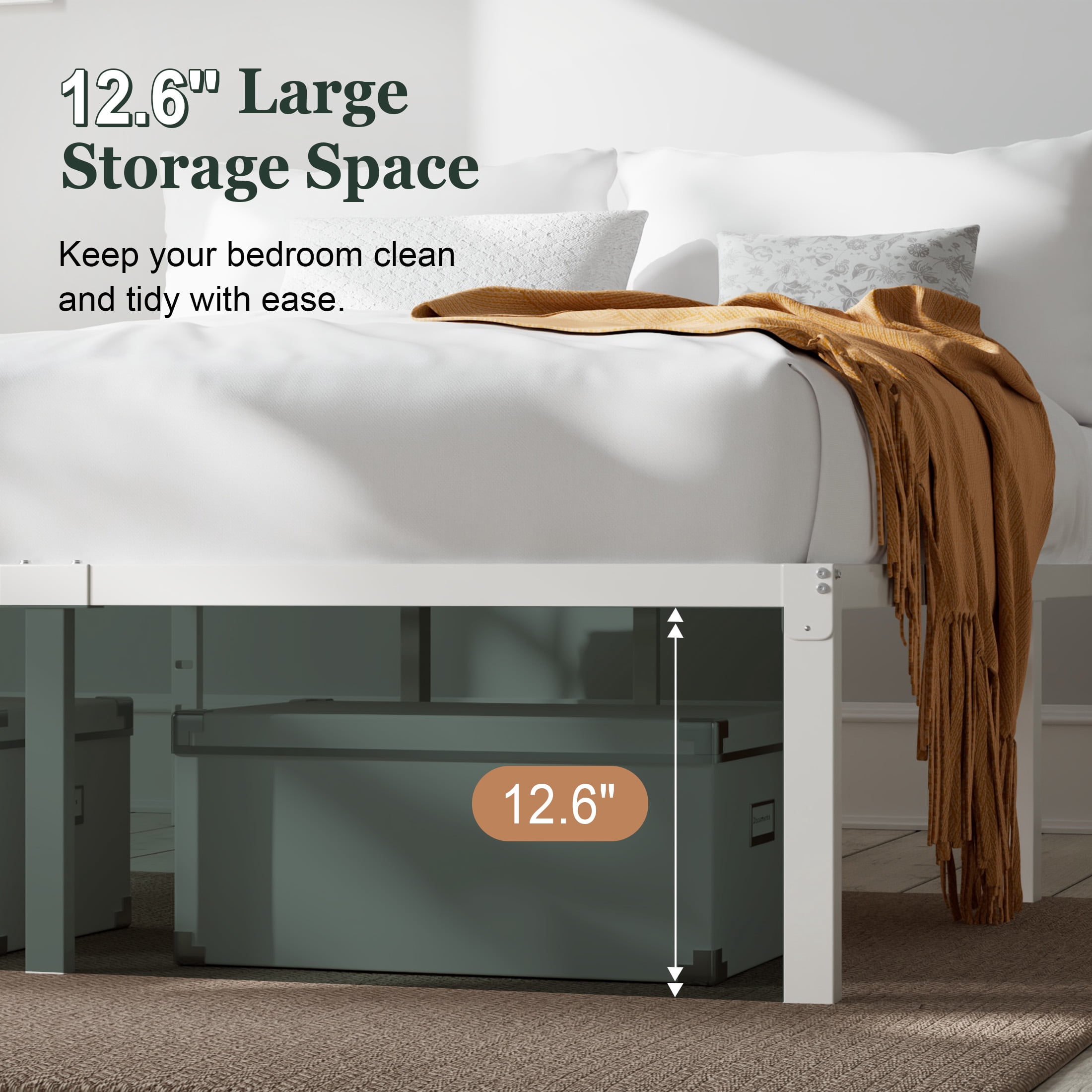 Amolife Heavy Duty King Size 14'' Metal Platform Bed Frame with Ample Under Bed Storage Space, White