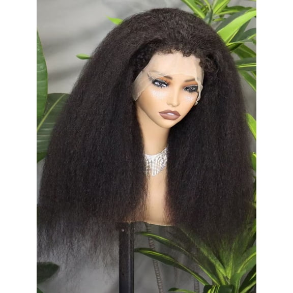 Yaki Kinky Straight 360 Full Lace  Wig with Hidden Strap  Human Hair Glueless Wigs Pre Plucked 250% Density natural color Wig With Drawstring HD Full Lace Human Hair Wigs 24Inch