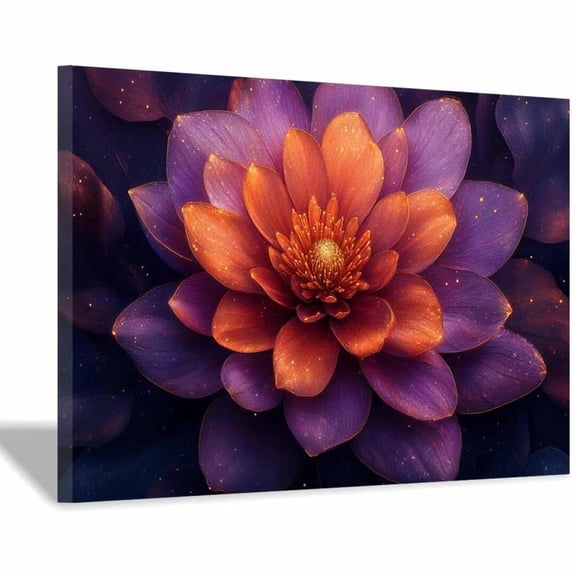 Mudket Purple and Orange Lotus Flower Canvas Wall Art, Floral Botanical Wall Decor, Framed Ready to Hang Artwork for Living Room Bedroom Bathroom Spa - 12"L x 8"W