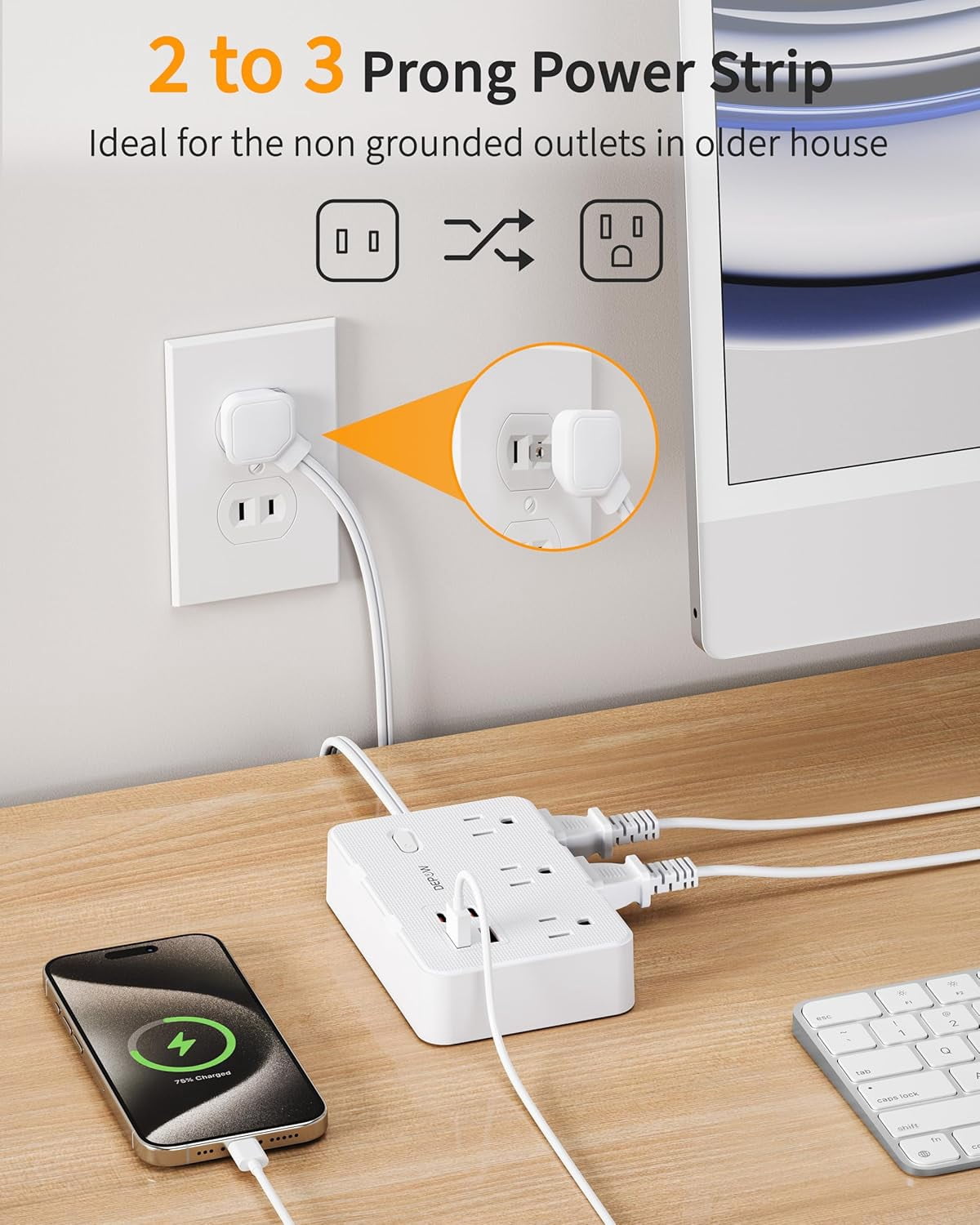 2 Prong to 3 Adapter Power Strip - 6 Outlets & 4 USB Ports (2 USB-C), 1050J Two Surge Protector, 5FT Extension Cord, Wall Mount Ideal for Old Houses Non-Grounded