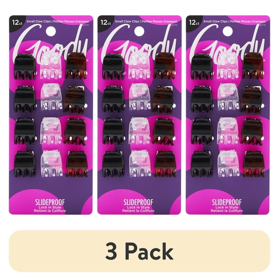 (3 pack) Goody Classic Mini Claw Clips, Slide-Proof Grip, All Hair Types, Assorted Colors, 12 Ct
