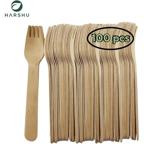 Harshu Wooden Cutlery - 100 Units per Pack | Disposable Utensils | Biodegradable and Compostable | Perfect for Parties, Picnics, and Events (FORK 100 PCS)
