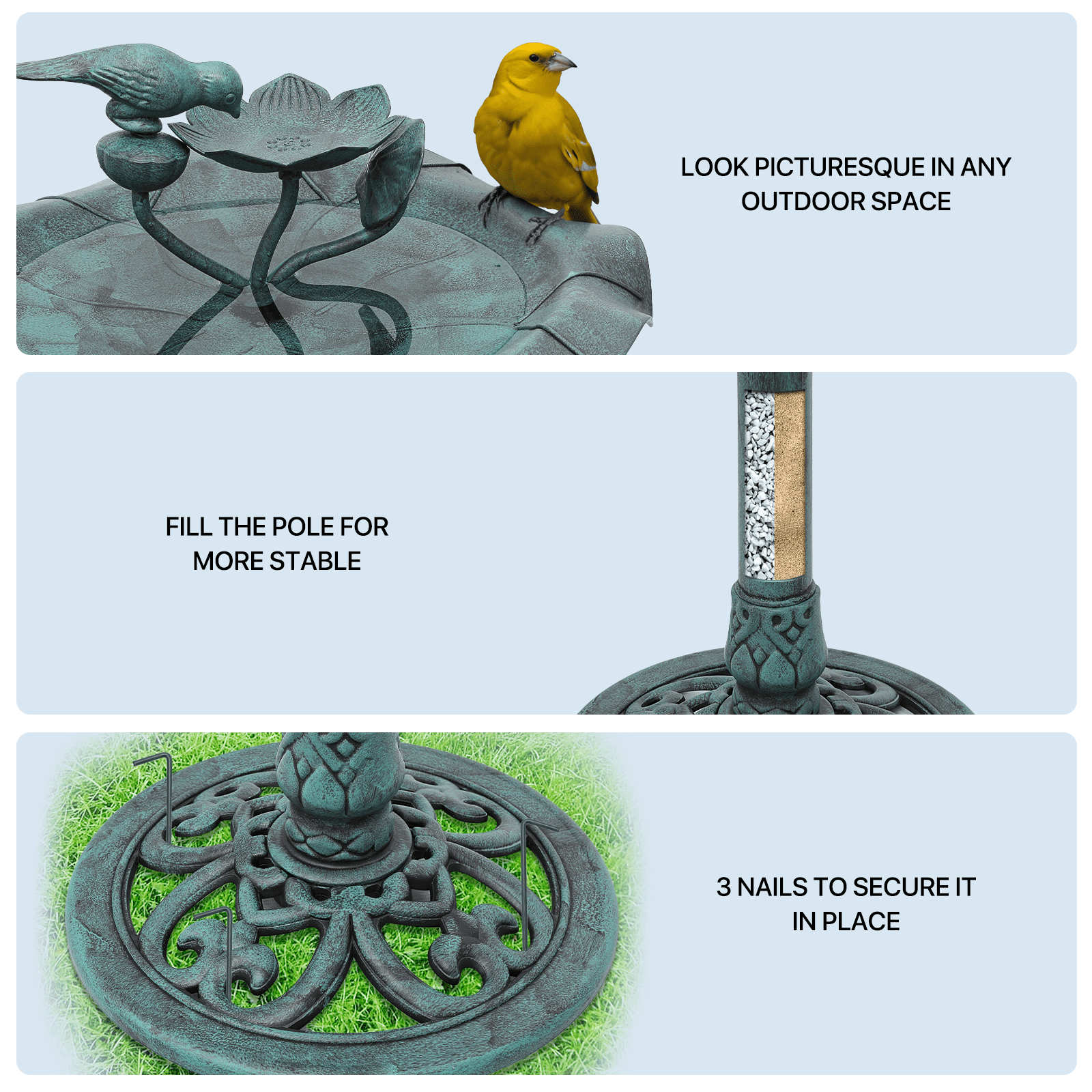 MoNiBloom 28" Outdoor Pedestal Bird Bath, for Garden Patio Backyard Décor, Green