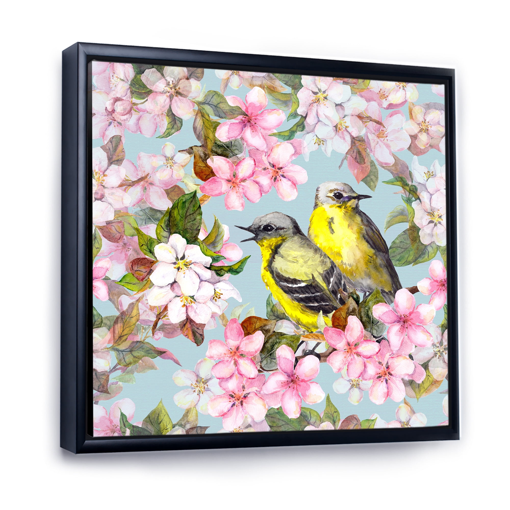Designart 'Birds On Pink Cherry Sakura and Apple Flowers II' Traditional Framed Canvas Wall Art Print