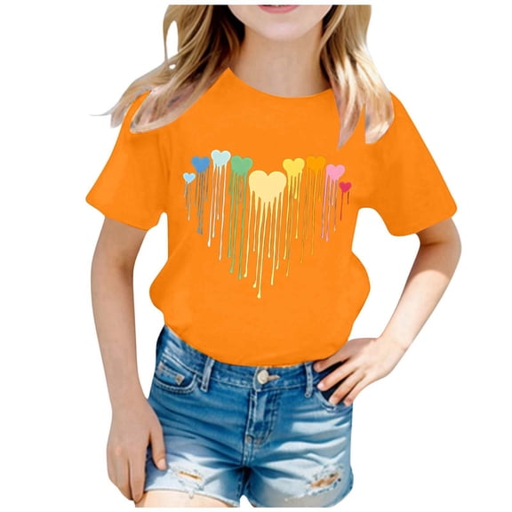 Gelikeya Toddler Girls Shirts Size 2-4 Cute Hearts Valentines Day Shirt Short Sleeve Casual Crewneck Graphic Tee 100 Days of School Shirts Orange 2-4 Years