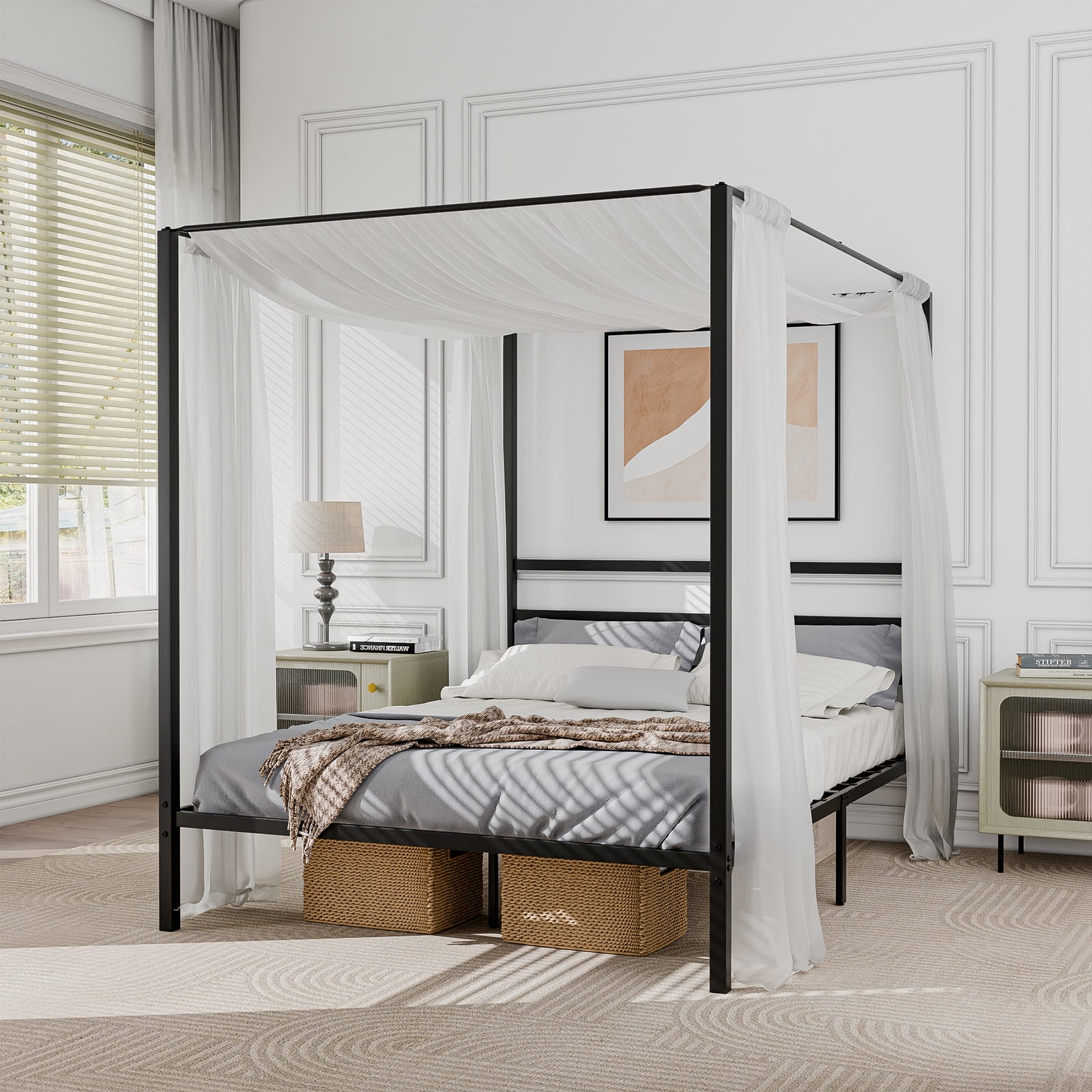 LINJH Queen Size Metal Canopy Bed Frame Black Headboard & Footboard for Bedroom Black