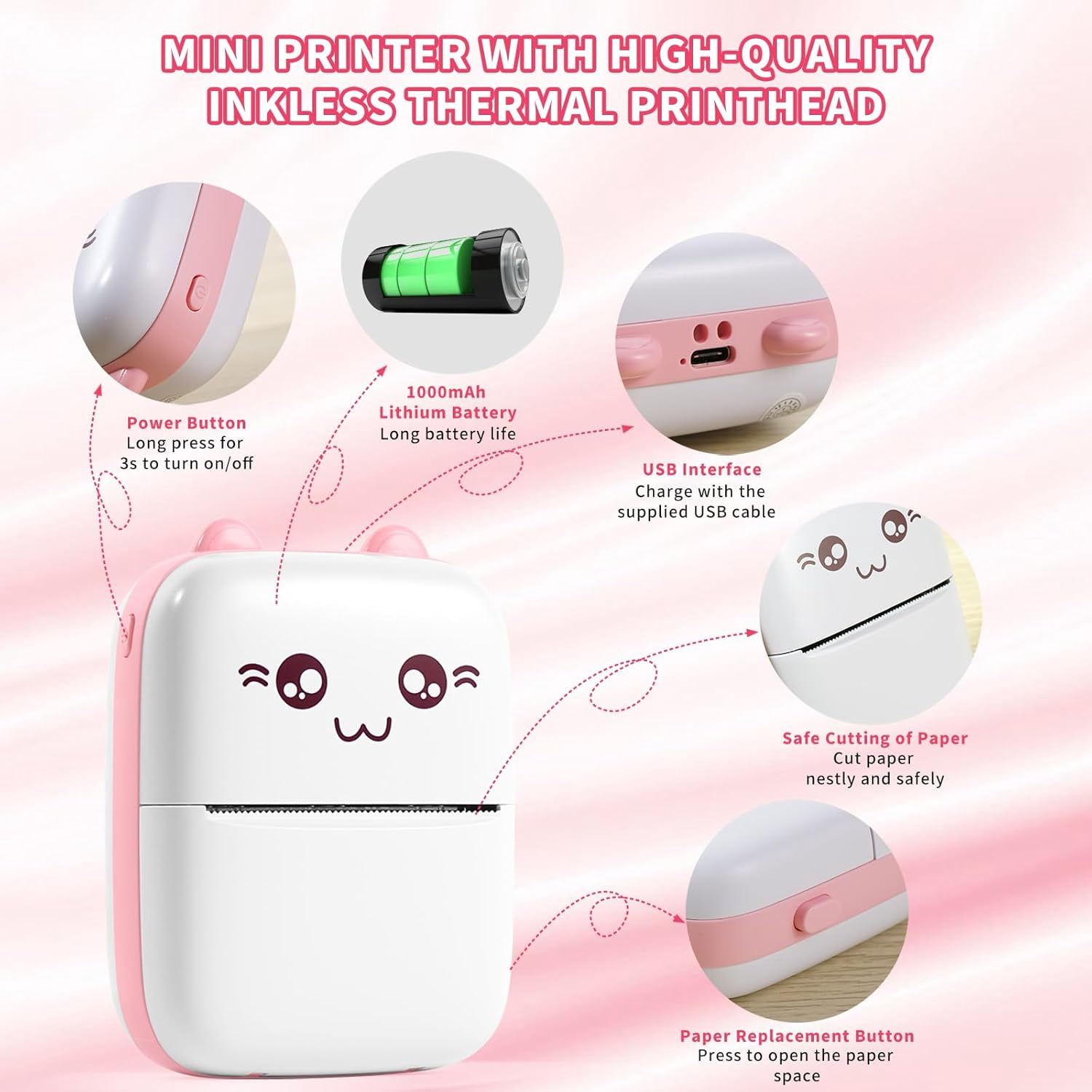 Mini Portable Printer, Pocket Thermal Printe with 7 Rolls Paper, Bluetooth Wireless Smart Printer for Android iOS Smartphone, Inkless Printers for Photo Picture Office Receipt QR Code Label List Note