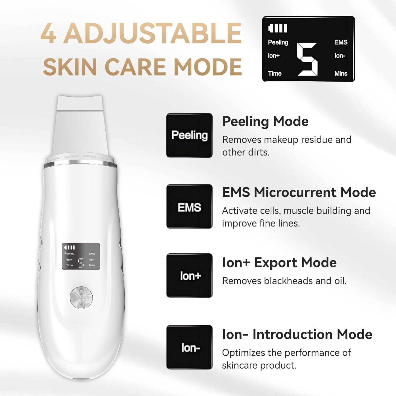 Ultrasonic Skin Scrubber Face Spatula Pore Cleaner 4 Modes Blackhead Remover