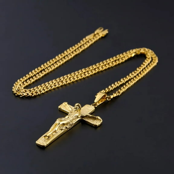Men's 14K Yellow Gold Jesus Cross Christ Crucifix Pendant With 5mm Cuban Chain Necklace Fashion Hip Hop Jewelry W517