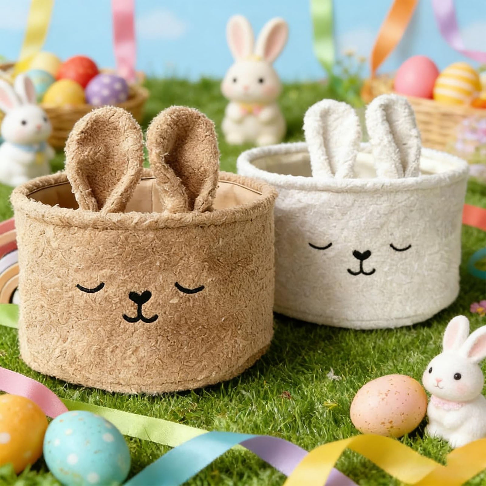 Soft Plush Bunny Basket, 9.84X5.9 inch Cute Bunny Basket, Easter Bunny Basket, Cute Rabbit Design Bunny Basket with Ear, Spring Holiday Decor Gift, Home Organization Basket for Easter