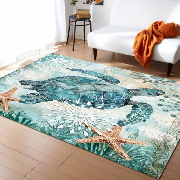 Area Rugs Indoor Non-Slip Rectangle Rug 5x7 Ft Vintage Sea Turtle Rug Rubber Backing Floor Mats Non Shedding Home Decor Carpet for Entryway Living Room