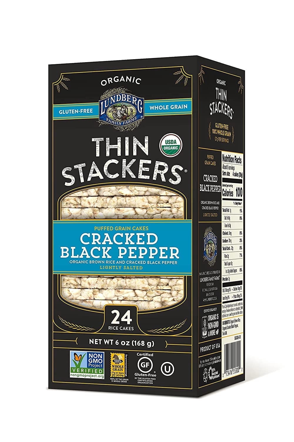 Lundberg, Organic Thin Stackers, Puffed Grain Cakes, Cracked Black Pepper, Lightly Salted, 24 Rice Cakes, 6 oz Pack of 4