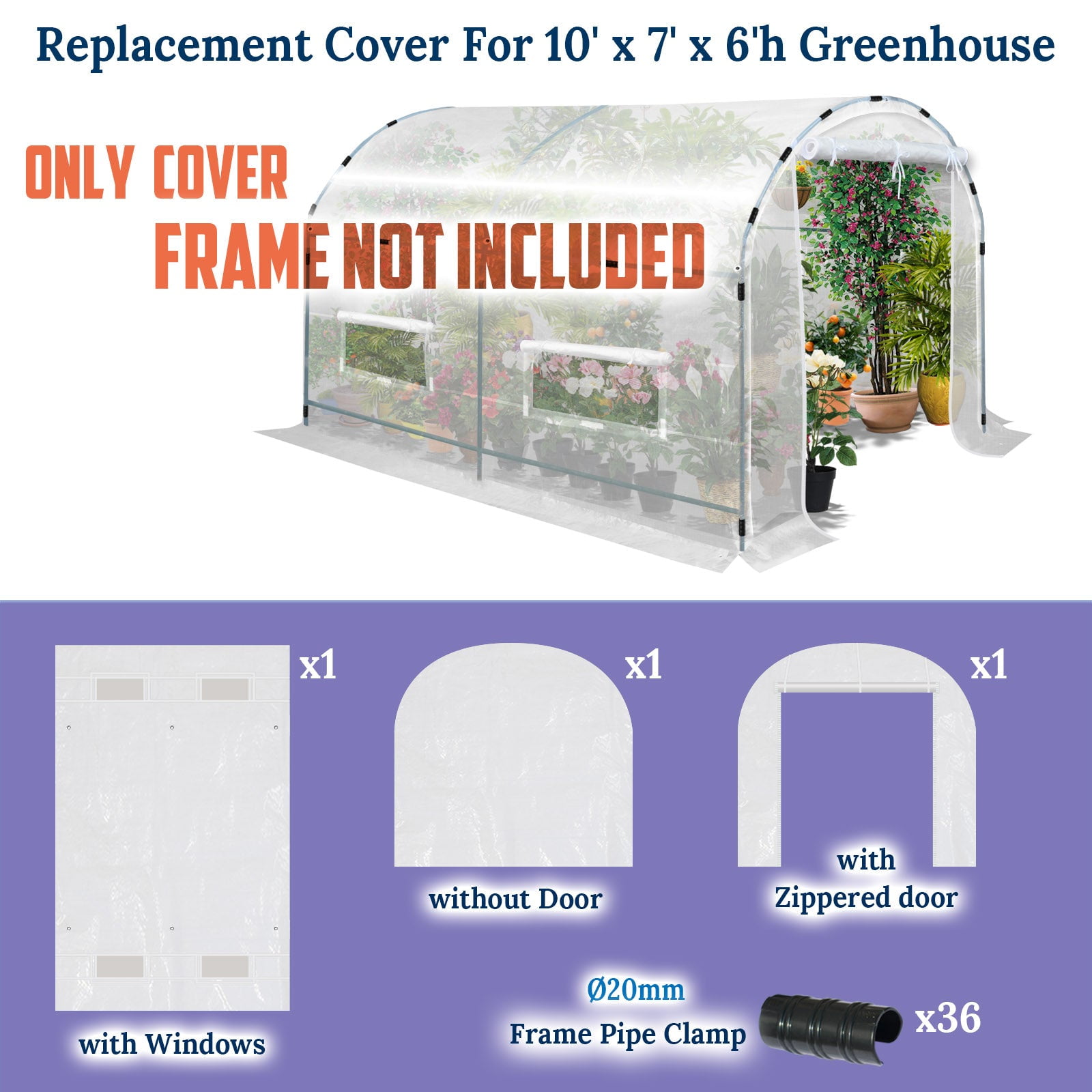 SUNNYOUTDOOR 10x7x6 FT Half-Transparent Greenhouse 3Pcs Cover Replacement ONLY Larger Walk in Outdoor Plant Garden, Frame NOT included