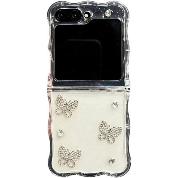 Case for Samsung Galaxy Z Flip 6 (2024),Cute Beautiful Rhinestone Butterfly Design Phone Protective Cover with Pearl Wrist Chain for Girls Women (no Chain)