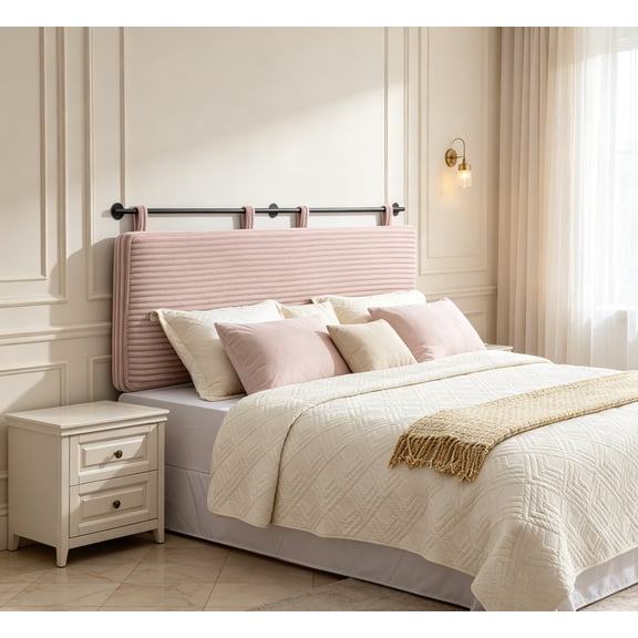 King Headboard Only, Wall Mounted Hanging Upholstered, Modern Vertical Channel Design of Fine Flannel, Elegant Pink Fluted, King Size
