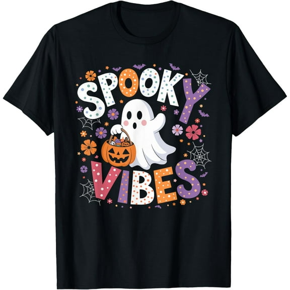 Girls Halloween Shirt Spooky Vibes Ghost Retro Women Kids T-Shirt