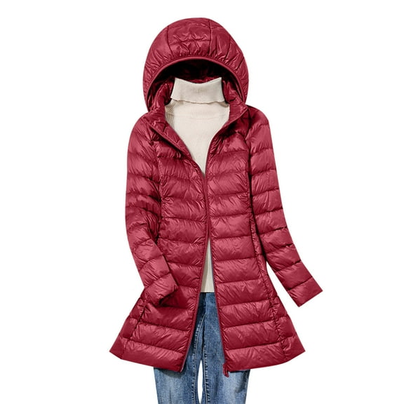 Hueook Winter Warm Down Jackets for women Plus Size Zip Up Casual Winter Mid-length Windproof with Pockets Quilted Puffer Thin Jacket Coat Outwear Tops
