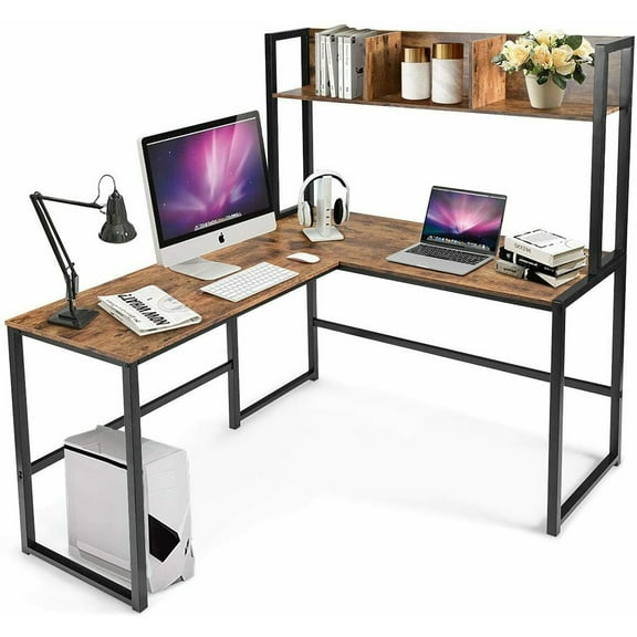 Giantex L-Shaped Desk, Space Saving Corner Desk, Industrial Computer Workstation for Home Office, Brown