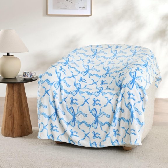 Soft Flannel Throw Blanket, Cute Blue Bow Print Cozy Blanket for Sofa Bed Couch Decor