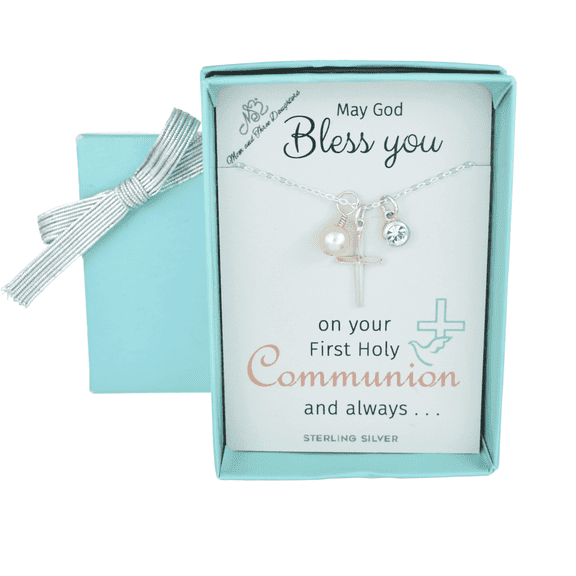 Sterling Silver Cross with a Crystal Pearl on a 16 Inch Sterling Cable Chain. First Communion Gift.