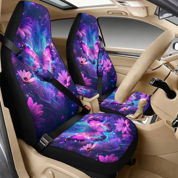 Xixirimido Car Seat Covers Front Seats Only with Belt Covers Armrest Box Cover 5Pcs Set for SUV Sedan Van Truck PU Leather Seat Protector Automotive Accessories, Purple Butterfly Daisy Flower