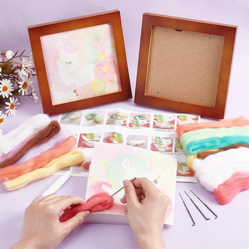 2 Sets 2 Style Unicorn Pattern Photo Frame Needle Felting Kits for Beginners Mixed Color 183x183x20mm 1 set/style