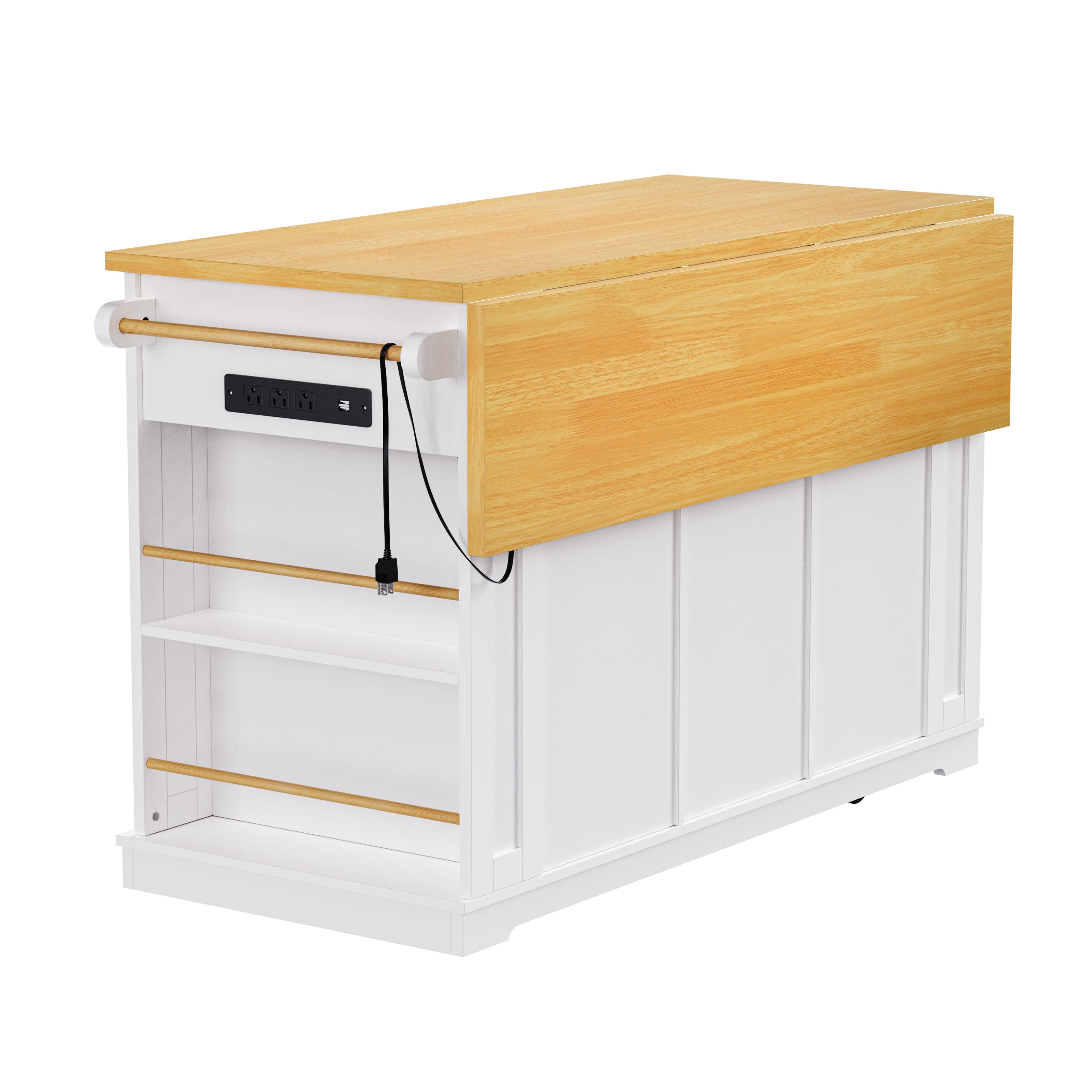 53" Island Table for Kitchen with Drop Leaf, Power Outlet, Kitchen Island with Storage, Rolling Kitchen Cart on 5 Wheels with 5 Open Side Racks (Not include bar stools)