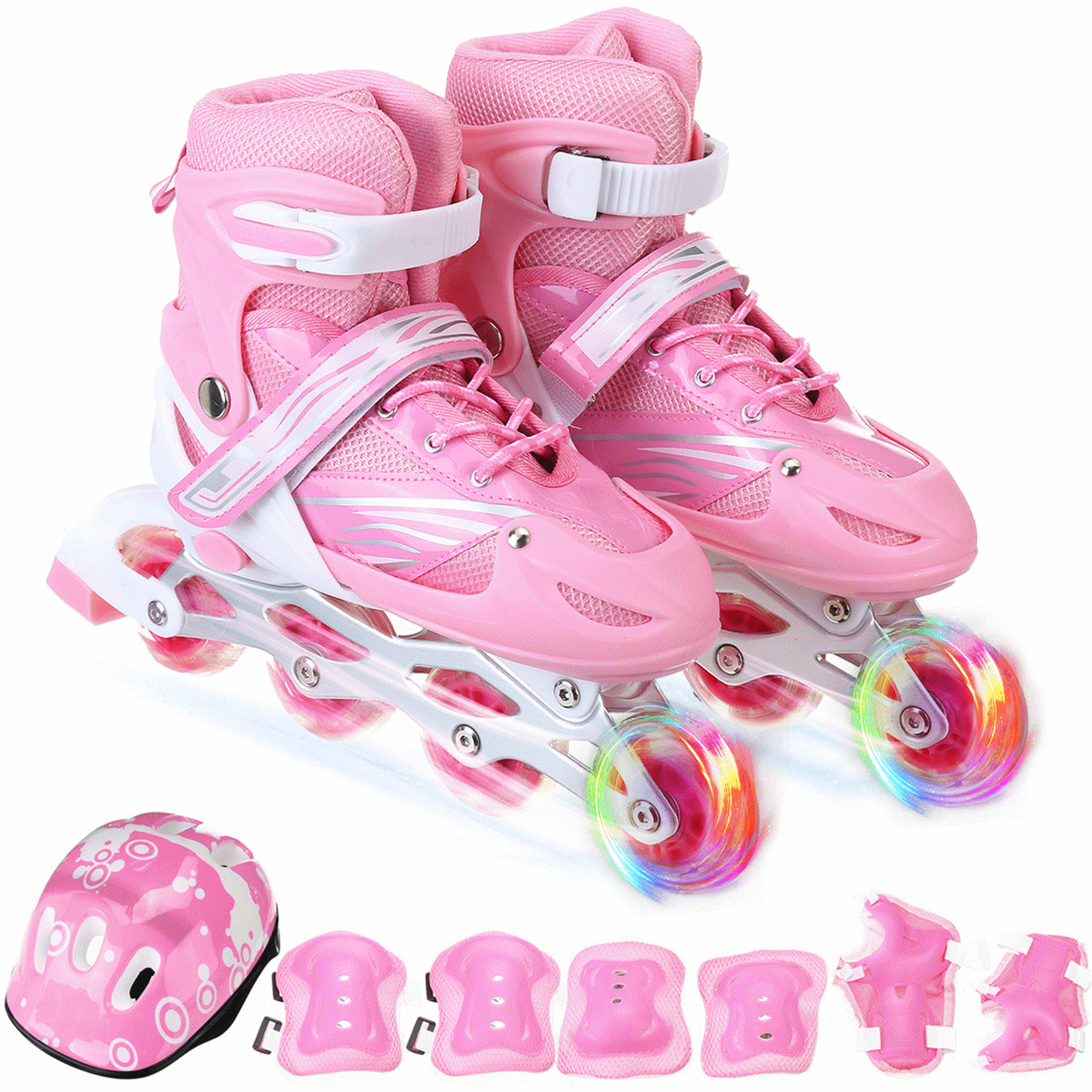 12Pcs/Set Adjustable Inline Skates with Full Light Up Wheels Kids Indoor Outdoor Illuminating Roller Skates Shoes for Beginner Girls Boys, Blue/Pink/Red