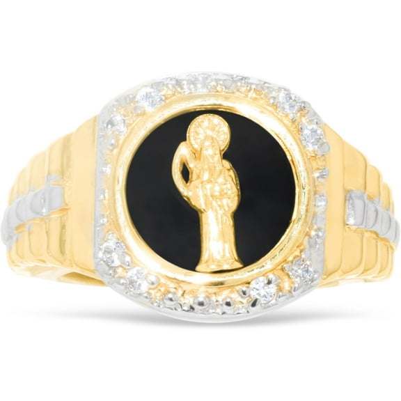 Floreo 10k Yellow Gold 14mm St. Muerte Angel of Death Grim Reaper Onyx Railroad CZ Religious Saint Ring, Sizes 5 - 13
