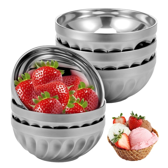 6 Pcs 13.5 Oz Double Walled Stainless Steel Bowls,5" Insulated Metal Soup Bowl Set, Food-Grade Snack, Ice Cream Containers