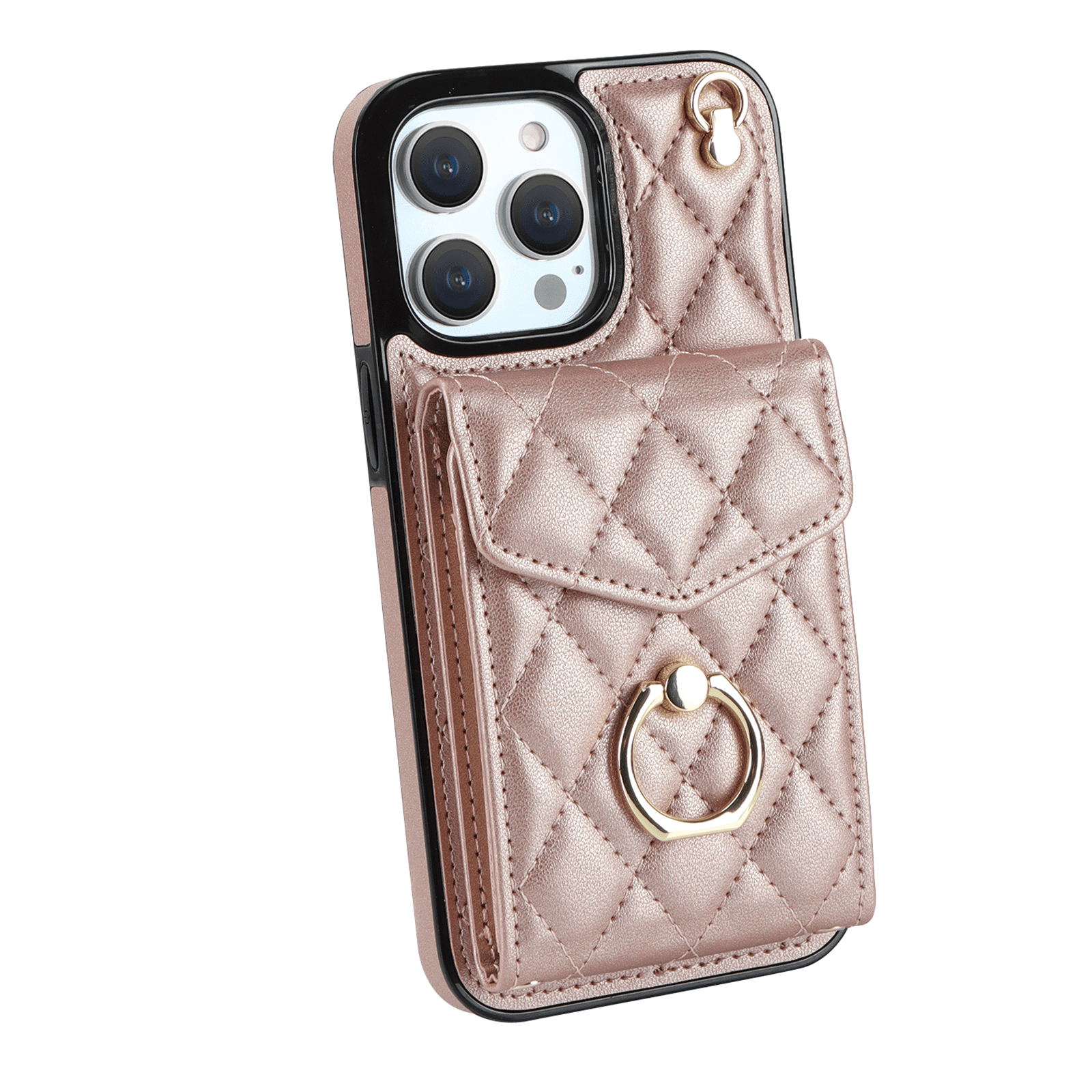 Asuwish Wallet RFID Blocking PU Leather Cell Phone Case with Tempered Glass Screen Protector, Wrist Strap for iPhone 14 Pro Max, Rose Gold