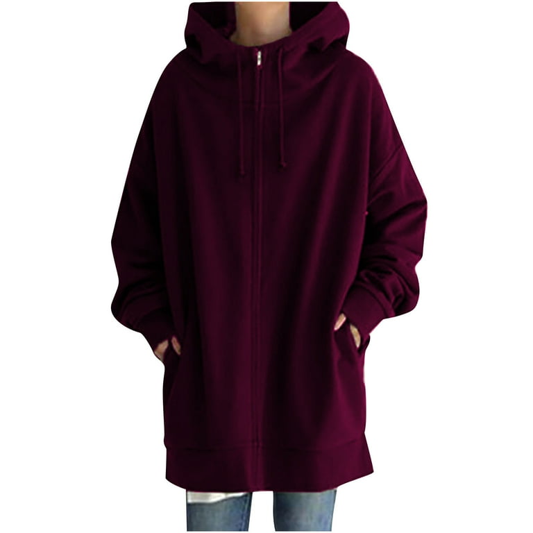 Hfyihgf Plus Size Women Winter Pockets Zipper Hoodies Tunic Sweatshirt Coat  Jacket Long Sleeve Oversized Hooded Hoody Long Outwear Amaranth 5XL 