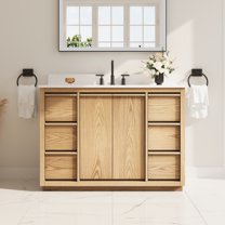 ANGELES HOME 48" Bathroom Vanity with Sink, Solid Oak Wood, Carrera White Quartz Top, Freestanding Cabinet with 2 Soft-Close Doors & 6 Drawers, Undermount Rectangular Sink