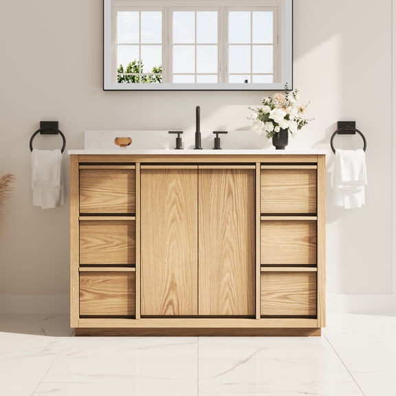 ANGELES HOME 48" Bathroom Vanity with Sink, Solid Oak Wood, Carrera White Quartz Top, Freestanding Cabinet with 2 Soft-Close Doors & 6 Drawers, Undermount Rectangular Sink