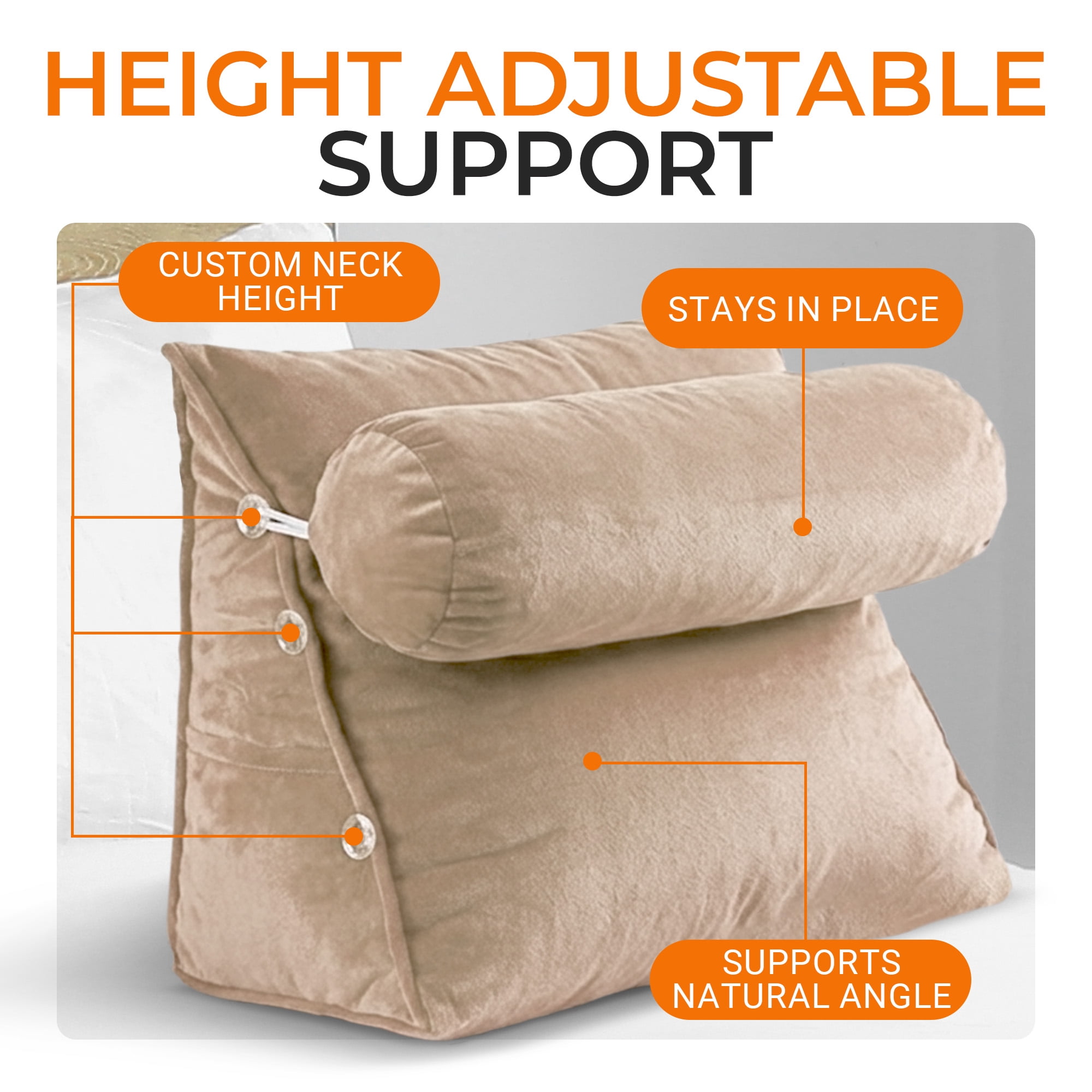 Cheer Collection Back Support Wedge Pillow with Adjustable Neck Pillow, Taupe