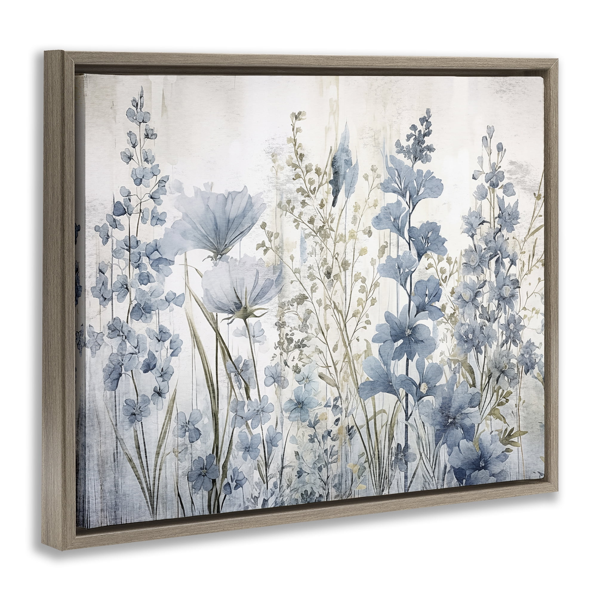 Stupell Industries Blue Nature Blooms Plants & Flowers Painting Brown Floater Framed Canvas Art Print Wall Art, 21 x 17